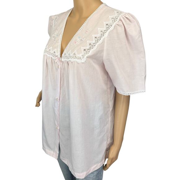 2/$30 Vintage 80s Barbizon Pajama Top Pale Pink Button Lace Embroidered Size M - Picture 5 of 8
